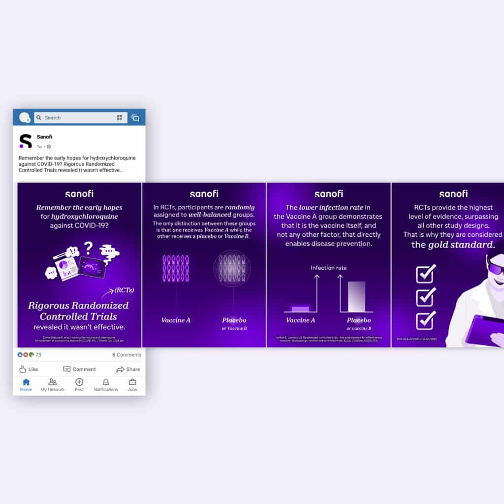 S&eacute;rie de cinq infographies p&eacute;dagogiques sur l'efficacit&eacute; des vaccins, con&ccedil;ues pour Sanofi et diffus&eacute;es sur LinkedIn.