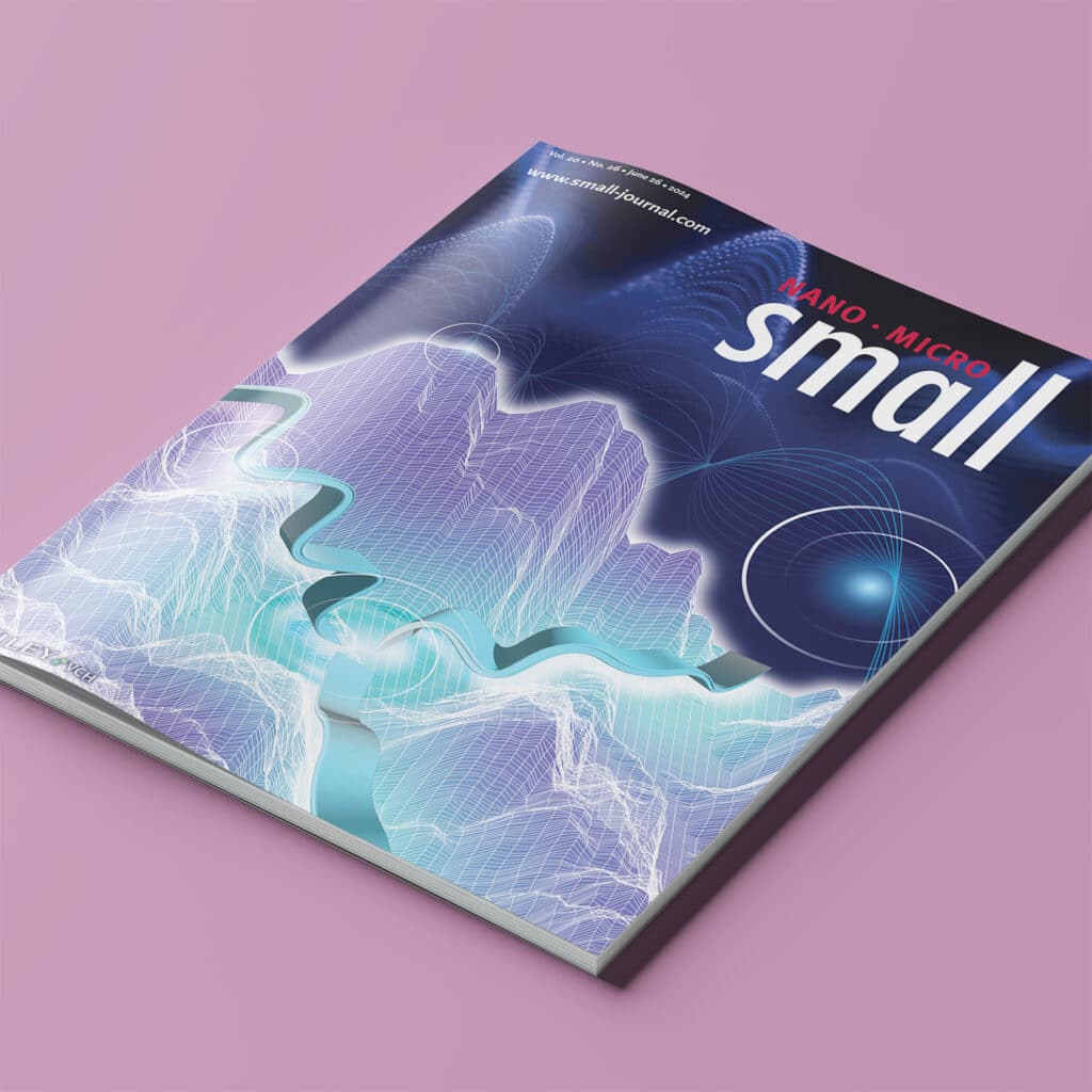 Illustration de couverture pour la revue Small, représentant un phonon se dispersant aux interfaces d'un nanocomposite symbolisé par des montagnes et des vallées.