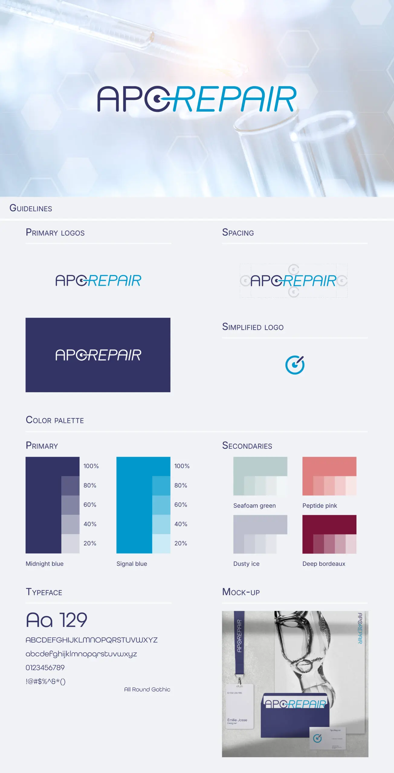 Présentation de la charte graphique d’ApoRepair : logo simplifié, palette de couleurs primaires et secondaires.