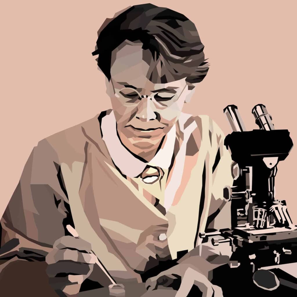 Portrait vectoriel de Barbara McClintock, g&eacute;n&eacute;ticienne pionni&egrave;re, assise pr&egrave;s d&rsquo;un microscope.