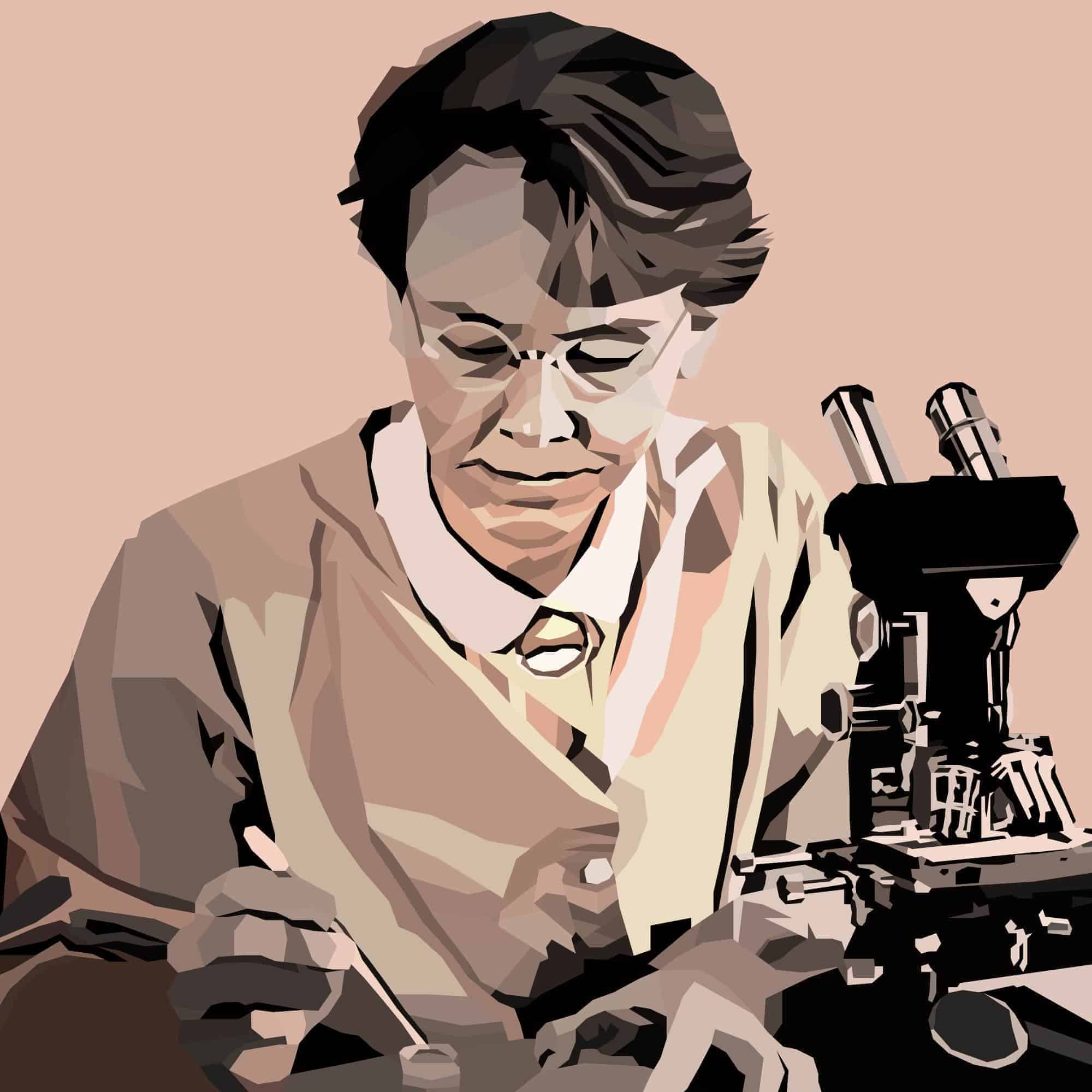 Portrait vectoriel de Barbara McClintock, généticienne pionnière, assise près d’un microscope.